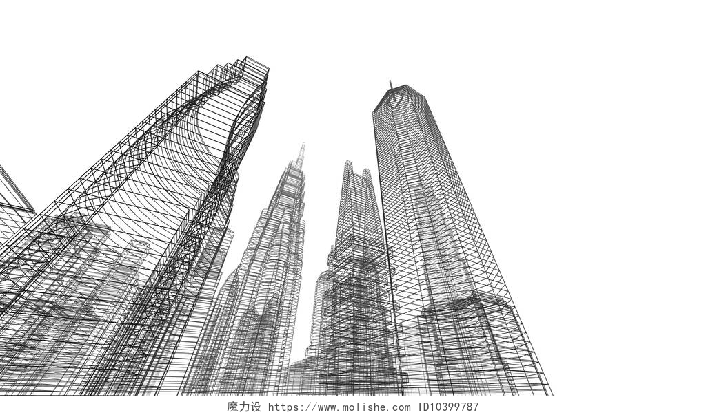 白色背景墙的铅笔线条建筑施工城市三维图解设计，抽象背景.